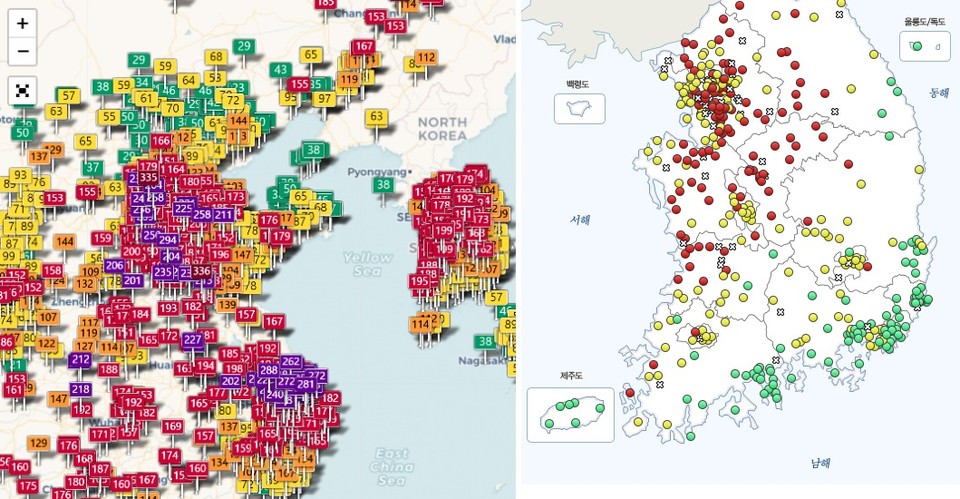 글로벌대기질 수치화사이트 Aiq(좌), 한국 대기질 시각화사이트 에어코리아(우)중국 동부산업단지와 국내 서측부의 미세먼지 농도가 높음을 알 수 있다