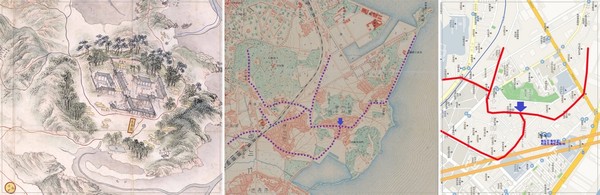 화도진도(1879), 인천부지도(1918), 네이버 지도에서 확인되는 화수동 도로망과 화도진 삼문의 위치 (화살표 표시가 화도진 외삼문이 있던 곳)