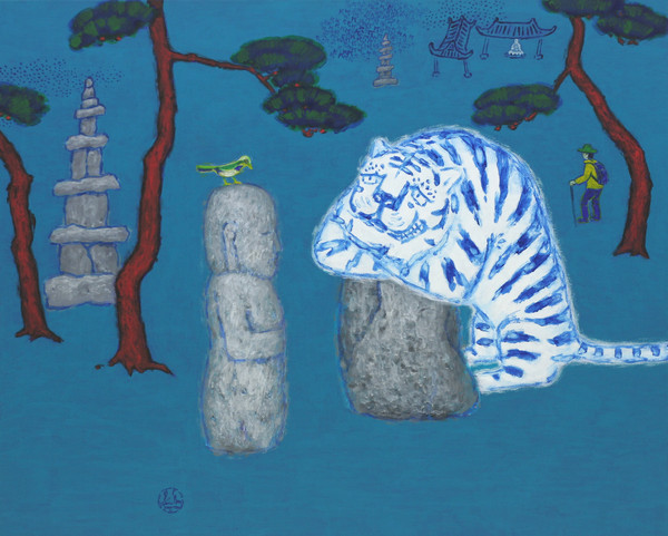 조병완작 -돌부처와 얘기하는 호랑이, 80 x 100 cm, 캔버스에 아크릴, 2011
