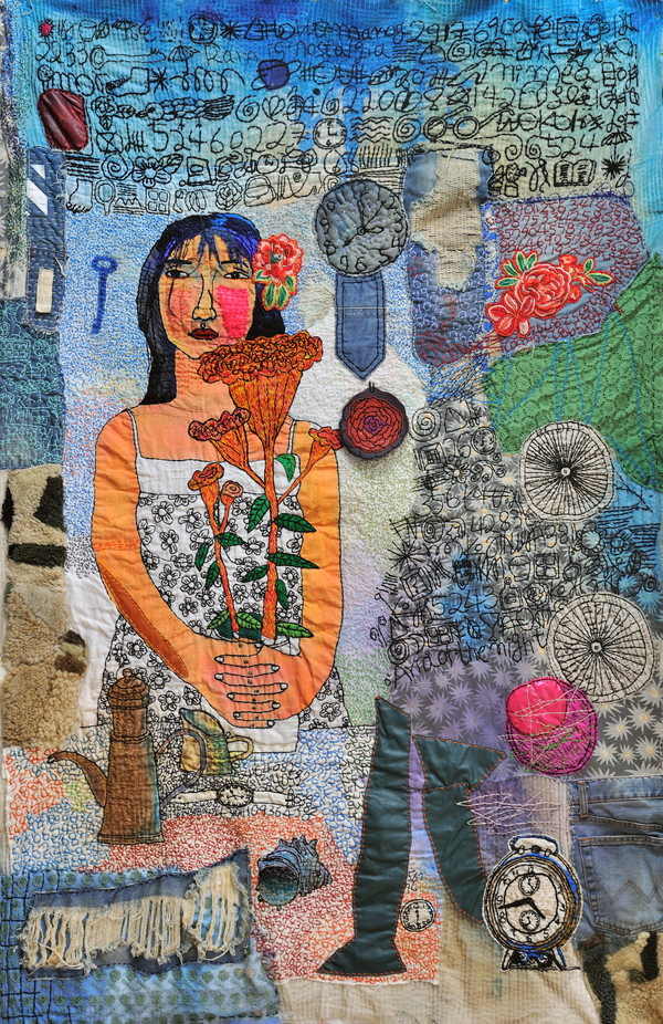맨드라미를 품은 여인 112×175  천위에 바느질 드로잉 및 아크릴 칼라